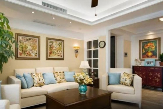 墙面刷绿色黄色乳胶漆，美式风格三房装修，完工后效果太美了！