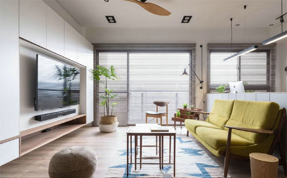 客厅餐厅书房一体，定制满墙电视柜更实用，北欧风装修真惬意！