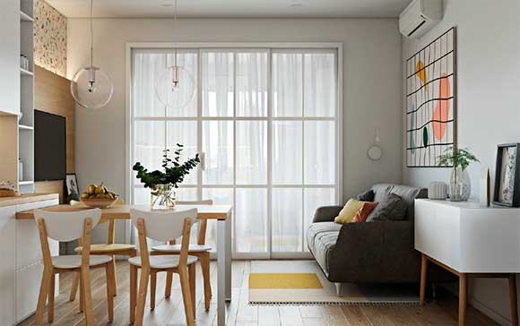 现代风格公寓装修，客餐厅厨房一体，卫生间装浴缸，空间小很实用！