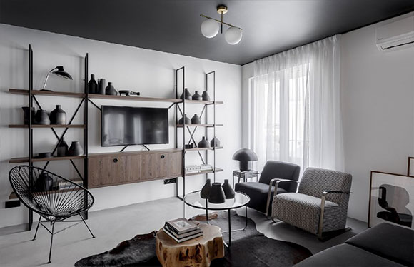 极简风公寓装修设计,高级灰的炫酷空间,黑色吊顶你见过吗?