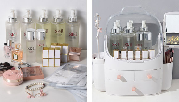 简特网红防尘化妆品收纳盒，护肤品桌面/梳妆台置物架！