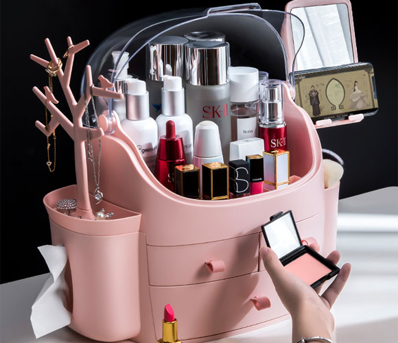 简特网红防尘化妆品收纳盒，护肤品桌面/梳妆台置物架！