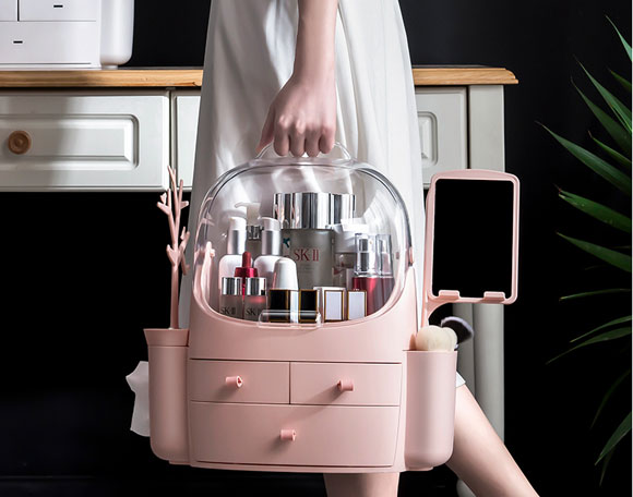简特网红防尘化妆品收纳盒，护肤品桌面/梳妆台置物架！